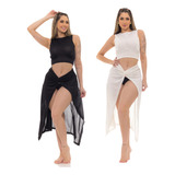 Kit Duas Saídas De Praia Cropped E Saia Tendência Moda Verão