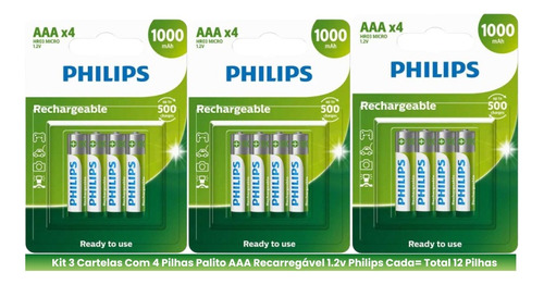 12 Pilhas Recarregável Philips Aaa 1000mah Hr03 Micro 1,2v