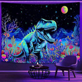 Tapestry Dinosaurio Negro, Divertido Dino Rana Neón Fantasía