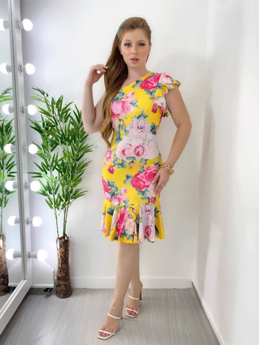 Vestido Midi Mula Manca Babado Fenda Frontal Amarelo Flores