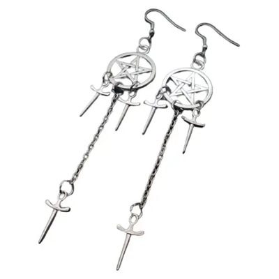 Aretes Pendiente Arracada Pentagrama Cruz Gótico Dark Mujer Plateado