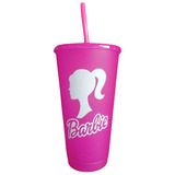 Vaso Con Popote Color Rosa De Barbie, Personalizado Fiesta 