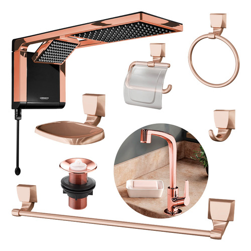 Chuveiro Acqua Duo Rose Gold + Kit Banheiro 7pcs Lorenzetti