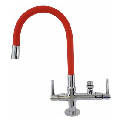 Torneira Gourmet Bica Móvel Para Bancada Pia Mesa Cozinha Tubo Flexível Giratório Vermelho Com Dupla Saída Para Filtros 1/4 Ou Máquinas Lava Louças E Roupas 3/4