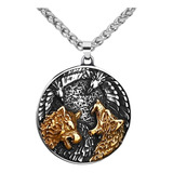 Collar Color Oro-plata Amuleto Lobos Vikingo Acero Hombre