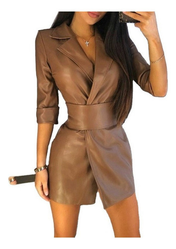 Vestido De Mujer De Cuero Sólido Con Cuello De Blazer