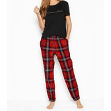 Pijama Victorias Secret Flannel Jogger Tee-jama Xadrez Bk/rd