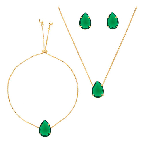 Conjunto Pulseira Brinco Colar Verde Esmeralda Folheado Ouro