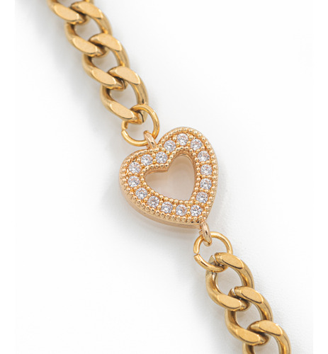 Pulsera Acero Dorado Dije Corazon Piedras Micro Pave. Amor