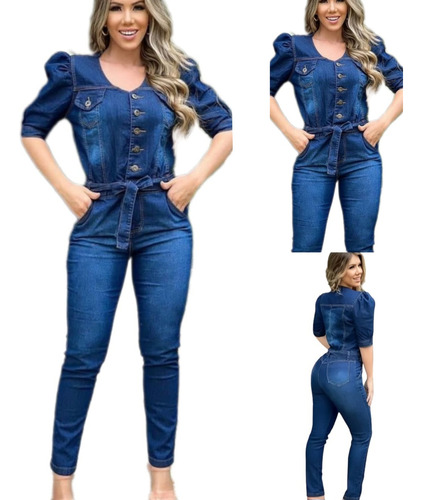 Macacão Longo Macaquinho Jeans Feminina Ciganinha Confort 23