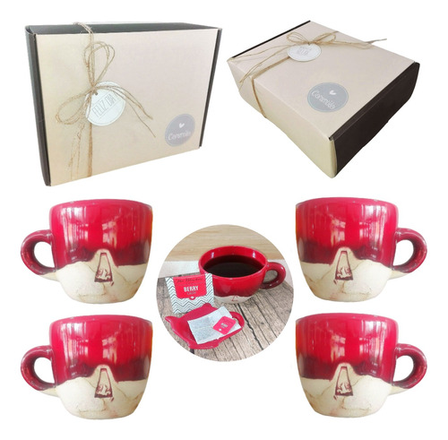 Set Tazas X 4 Box Kit Cerámica Artesanal Regalo Caja Kvjr103