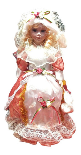 Muñeca De Porcelana Grande Rubia Con Vestido Blanco Y Rosa.