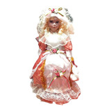 Muñeca De Porcelana Grande Rubia Con Vestido Blanco Y Rosa.