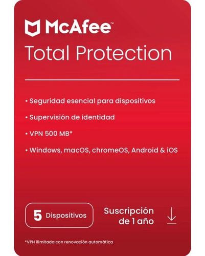 Antivirus Mcafee Total Protection 2024 -  5 Dispo -   1 Año 