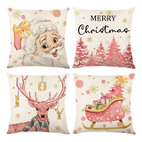 4 Fundas De Cojin Almohada Decoración Navidad Impresión Rosa