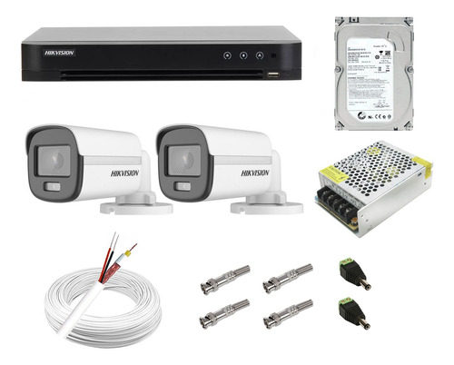 Kit Cftv Hikvision Dvr 8ch M1 2 Câmera Colorvu Full Hd 1080p