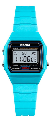 Reloj Niños Skmei 1460 Digital Alarma Cronometro Luz Led Color De La Malla Celeste Color Del Fondo Blanco
