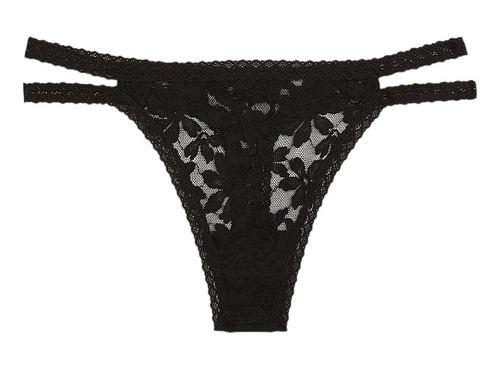 Calcinha Victorias Secret Pink Lace Strappy Thong Black