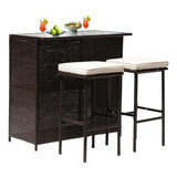 Set De Bar Rattan 3pcs Para Patio Con Tablero De Cristal