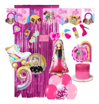Set Globos Barbie Banderín Látex Cortina Feliz Cumple 