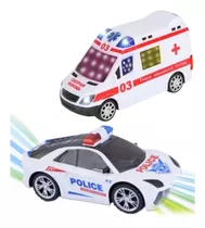 Kit 2 Carrinho Polícia + Ambulância Bate Volta Luz 3d E Som