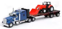 New Ray 1:32 Kenworth W900 Plana Con Tractor Agricola Kubota Color Azul