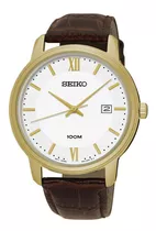 Relógio Social Seiko Pulseira De Couro Dourado 100m