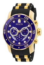 Reloj De Pulsera Invicta Pro Diver 6983 De Cuerpo Color Oro, Analógico, Para Hombre, Fondo Azul, Con Correa De Silicona Color Oro Y Negro, Agujas Color Dorado, Dial Azul, Subesferas Color Dorado, Minu