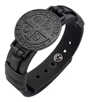 Pulseira Masculina Bracelete Couro Medalha São Bento Preto