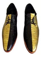 Zapatos Hombre Cuero Grabado Crocodilo Negro Con Dorado