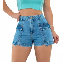 Short Jeans Cargo Feminino Bolsos Laterais Barra Feita Aba