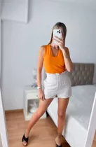 Short De Lino Volados En Cintura Estampa Rayada Para Mujer