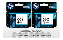 Kit Cartuchos Originais Hp 662 Preto + Color 2516 3516 1516 2546 3546 4646