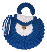 Elegante Bolso Tejido A Mano En Trapillo Azul Y Blanco