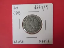  Moneda Chile 20 Centavos Plata Año 1879 / 9 Remarque Rara