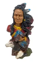 Escultura Índio Xamã Lobo Guerreiro Apache 21 Cm Em Resina