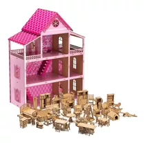 Casa De Bonecas Rosa 80cm + 52 Móveis Desmontados Adesivo