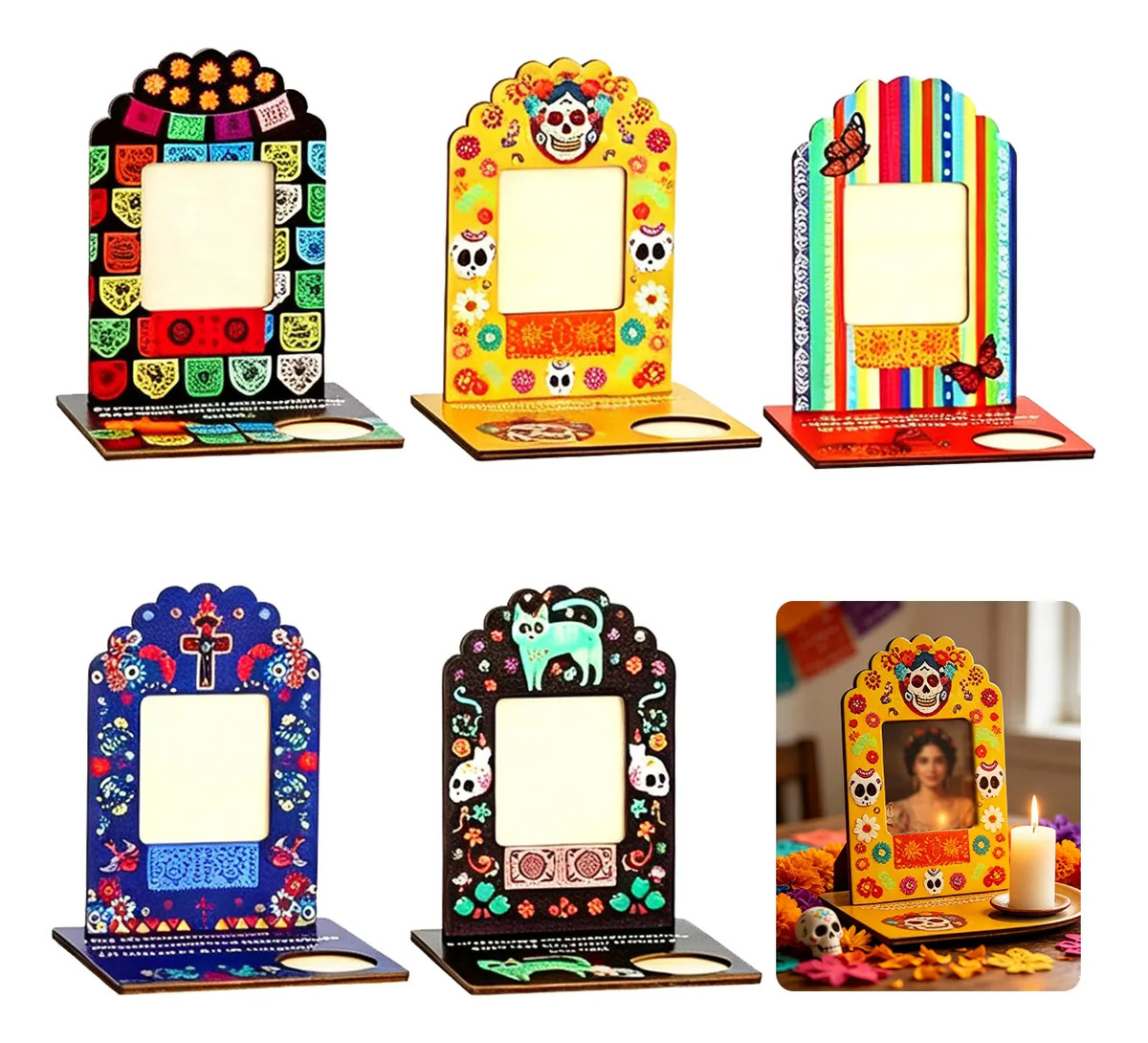 5pzs Marco De Fotos De Madera Para Día Muertos Decoracion Colorful Calaveras Y Flores