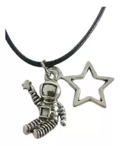 Collar Estrella Astronauta Con Estrellita Acero Cadena Cuero