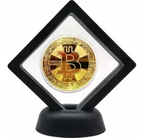 Bitcoin Moneda Oro En Elegante Exhibidor Flotante Vista 360!