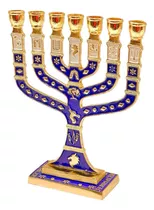 Menorah Judaico Grande Direto Da Terra Santa 12 Tribos Azul