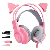 Headset Fone Pc Gamer Rosa Gatinho Usb Ps5 E 4 Xbox Rgb P2 