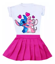 Conjunto Infantil Menina Lilo Stitch Roupa Saia Colegial 