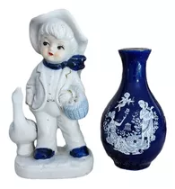 Adorno Vitrina Lote Porcelana Azul Y Blanco Niño Ganso Jarro