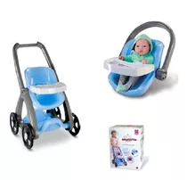 Kit Carrinho Bebe Conforto Boneca Bebê Real 70 Cm Azul 3pçs