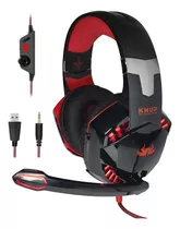 Fone De Ouvido Gamer Headset Knup Kp-455a Com Led Microfone Cor Preto/vermelho