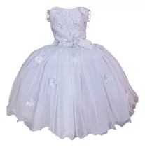 Vestido Infantil Branco Aplique Flor Batizado Luxo Princesa