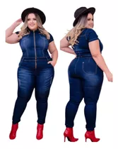 Macacão Longo Jeans Feminino Plus Size Zíper Frontal Moderno