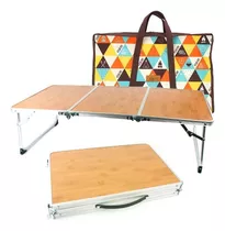 Mesa Plegable Rectangular Tipo Maleta Acero Bambú Camping