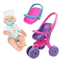 Kit Boneca Bebe Real Menino Com Carrinho E Bebe Conforto